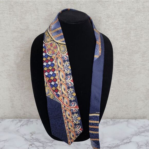 Carlos Tomasini Vintage Silk Navy Gold Red Pattern Necktie Men's Tie - Picture 1 of 9